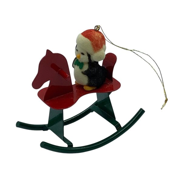 Vtg Avon Jolly Penguin On Rocking Horse Christmas Ornament 3" - Picture 1 of 5